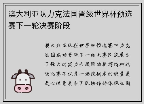 澳大利亚队力克法国晋级世界杯预选赛下一轮决赛阶段