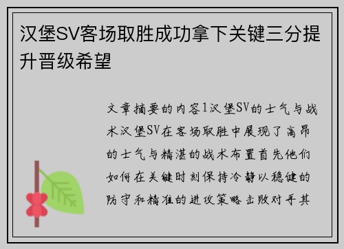 汉堡SV客场取胜成功拿下关键三分提升晋级希望