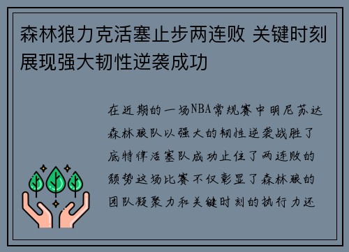 森林狼力克活塞止步两连败 关键时刻展现强大韧性逆袭成功